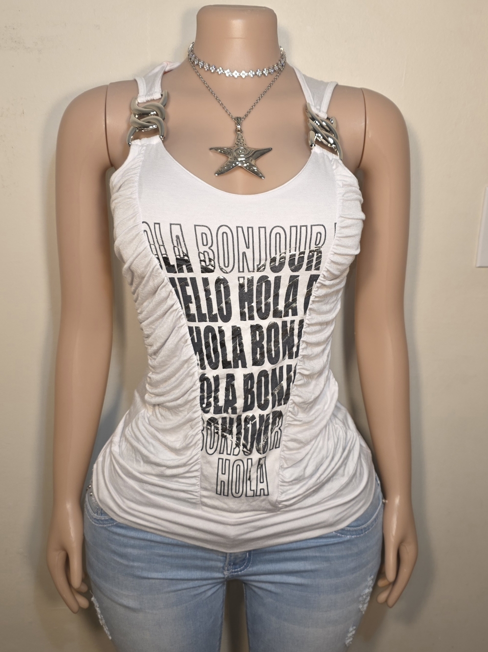 ☆White Graphic Ruched Tank Top with Ring Straps☆